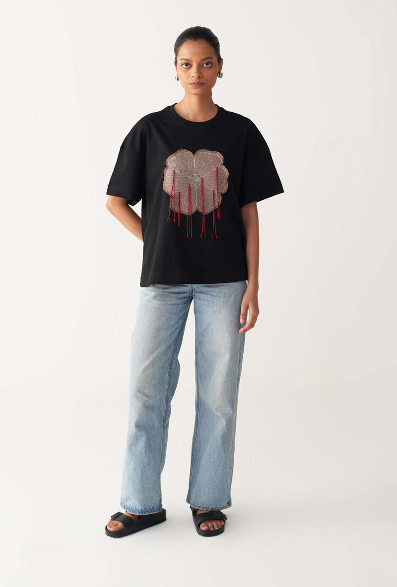 FLORAL FRINGE T-SHIRT+DENIM-BLACK cotton by THREE in black color for women in Singapore