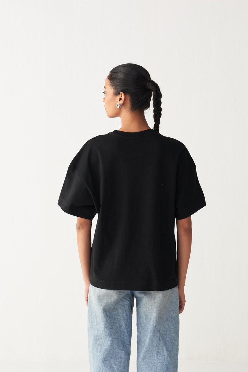 FLORAL FRINGE T-SHIRT+DENIM-BLACK cotton by THREE in black color for women in Singapore