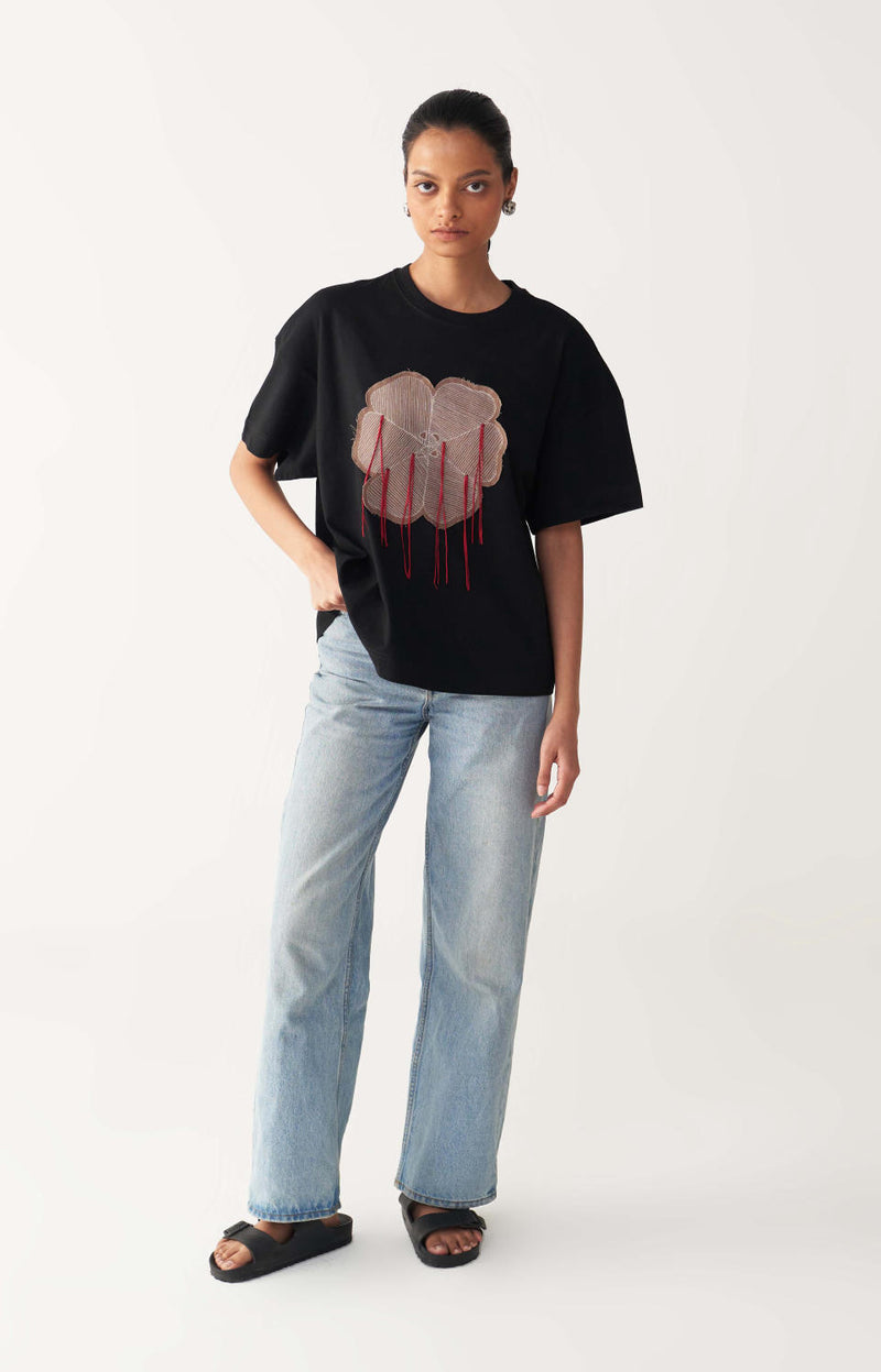 FLORAL FRINGE T-SHIRT+DENIM-BLACK cotton by THREE in black color for women in Singapore