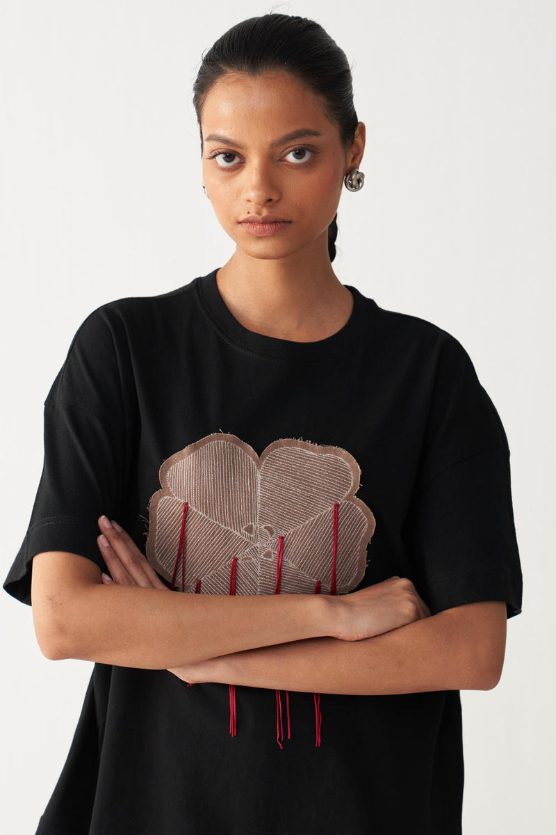 FLORAL FRINGE T-SHIRT+DENIM-BLACK cotton by THREE in black color for women in Singapore
