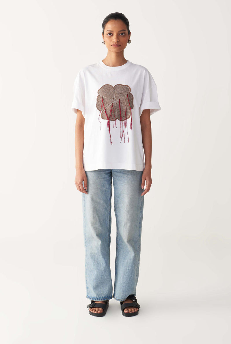 FLORAL FRINGE T-SHIRT + DENIM-WHITE cotton by THREE in white color for women in Singapore