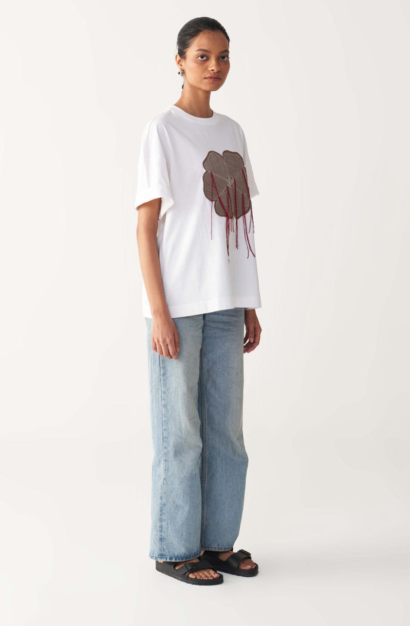 FLORAL FRINGE T-SHIRT + DENIM-WHITE cotton by THREE in white color for women in Singapore