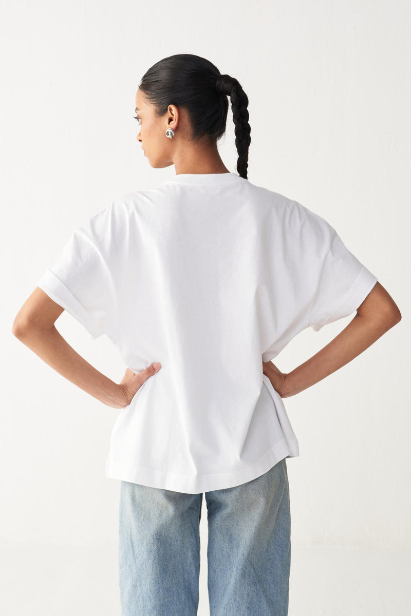 FLORAL FRINGE T-SHIRT + DENIM-WHITE cotton by THREE in white color for women in Singapore
