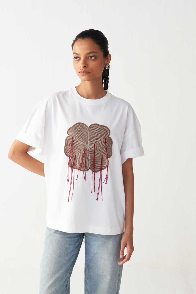 FLORAL FRINGE T-SHIRT + DENIM-WHITE cotton by THREE in white color for women in Singapore