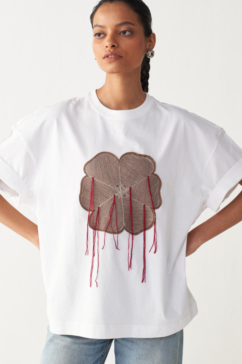 FLORAL FRINGE T-SHIRT + DENIM-WHITE cotton by THREE in white color for women in Singapore