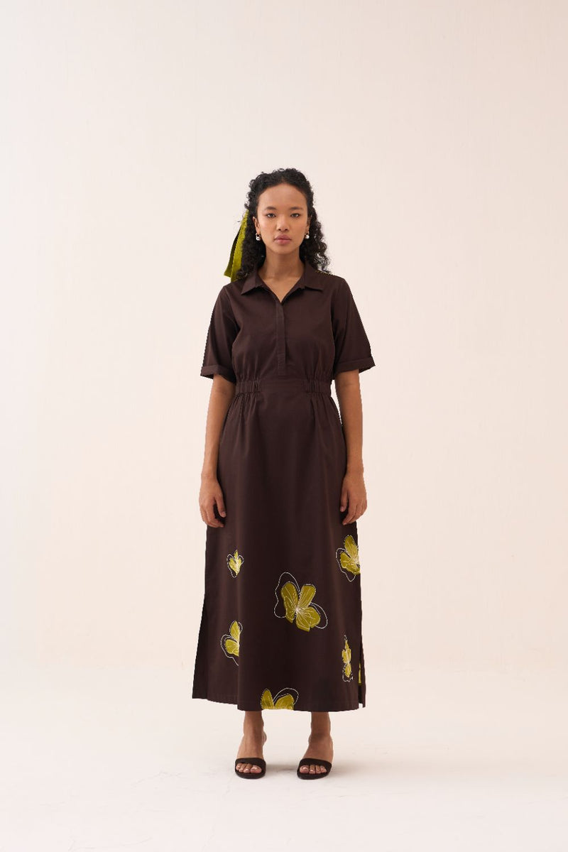 Floral Reverse Applique Dress poplin by THREE in brown color for women in Singapore