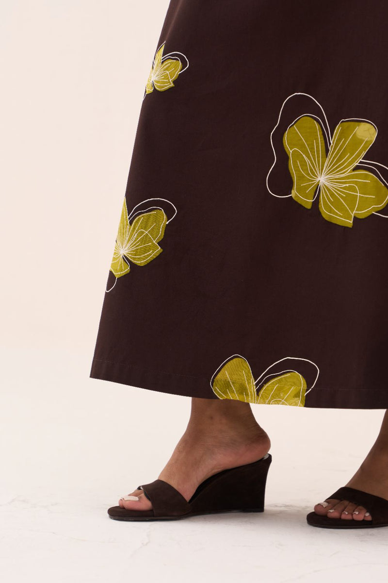 Floral Reverse Applique Dress poplin by THREE in brown color for women in Singapore