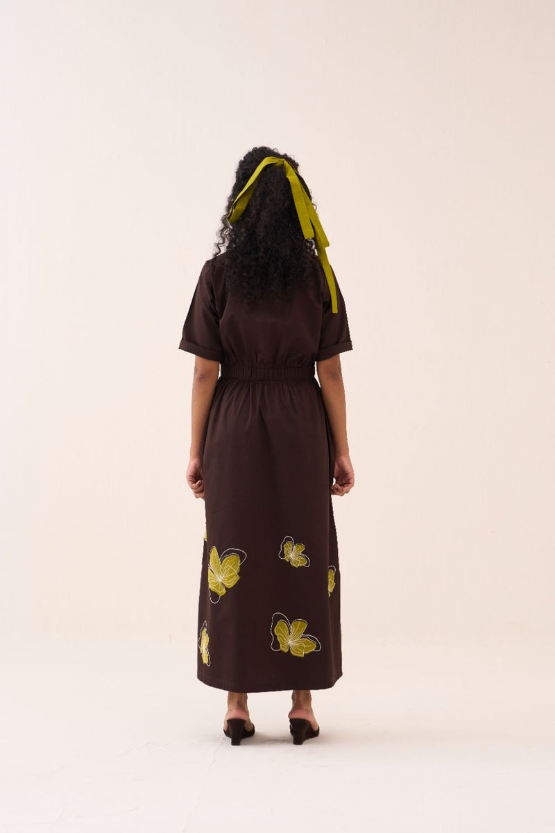 Floral Reverse Applique Dress poplin by THREE in brown color for women in Singapore