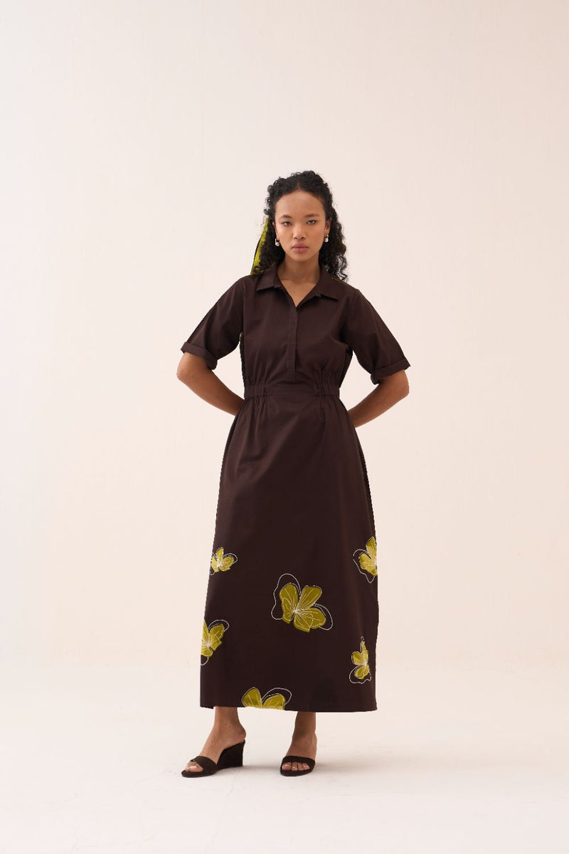 Floral Reverse Applique Dress poplin by THREE in brown color for women in Singapore