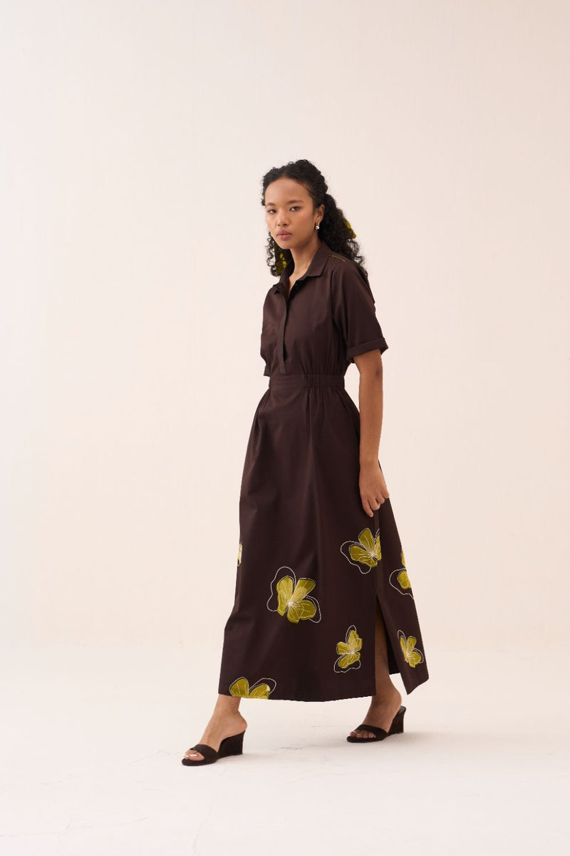 Floral Reverse Applique Dress poplin by THREE in brown color for women in Singapore