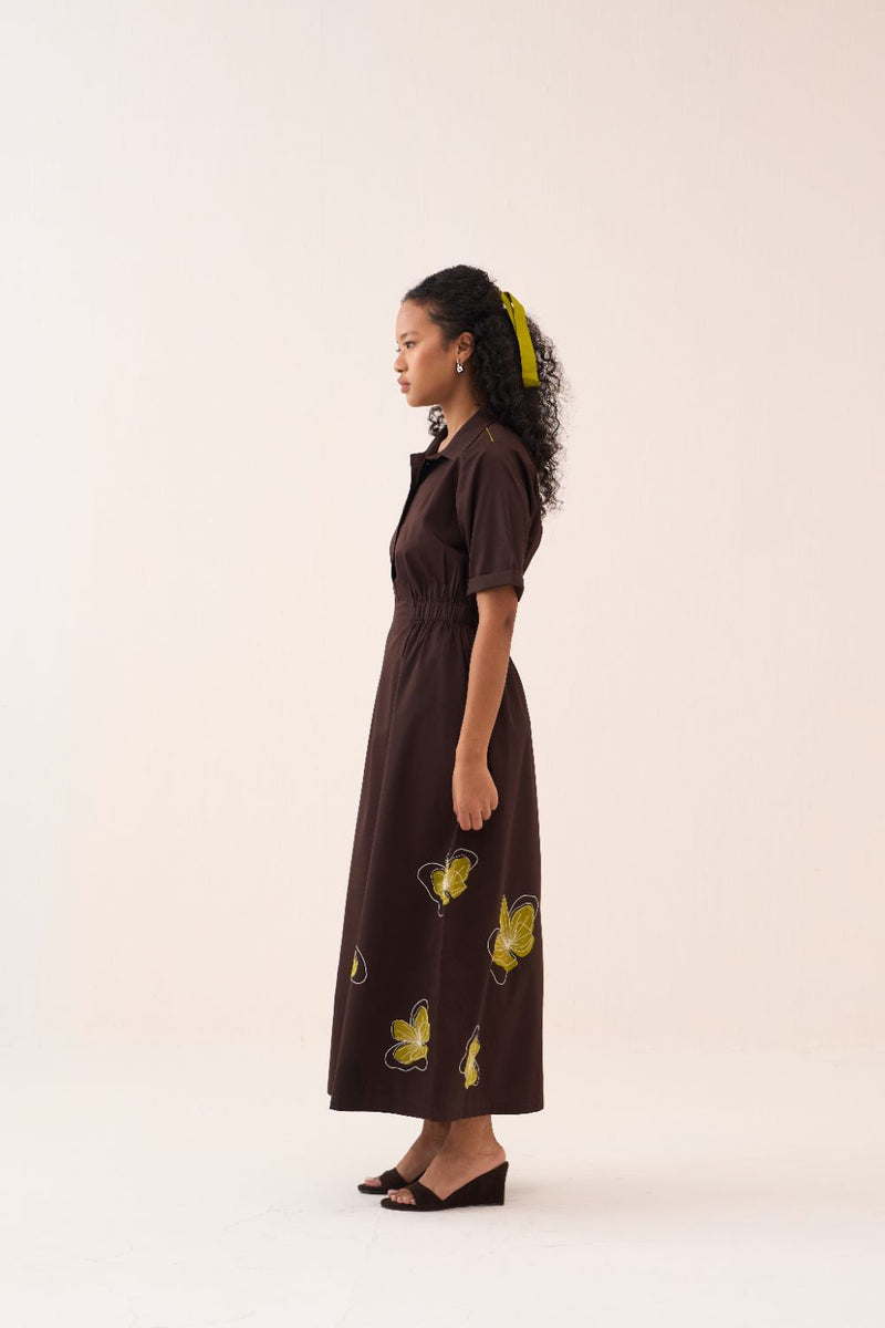 Floral Reverse Applique Dress poplin by THREE in brown color for women in Singapore