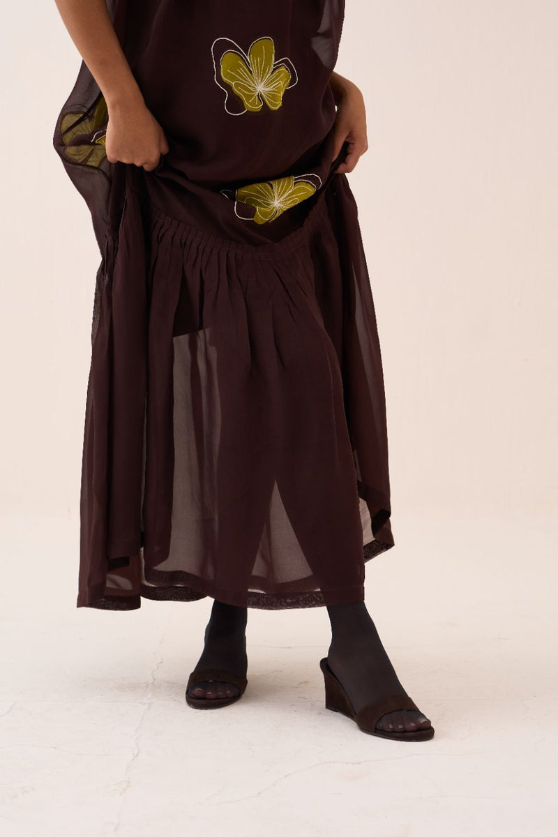 Floral Reverse Applique Bottom Frill Dress (Slip Included) poplin by THREE in brown color for women in Singapore