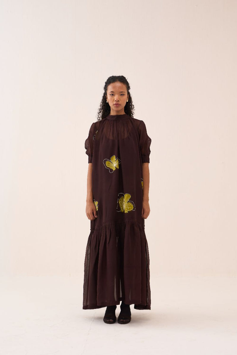 Floral Reverse Applique Bottom Frill Dress (Slip Included) poplin by THREE in brown color for women in Singapore
