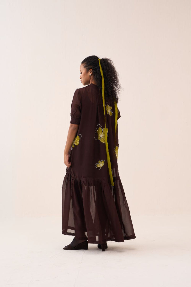 Floral Reverse Applique Bottom Frill Dress (Slip Included) poplin by THREE in brown color for women in Singapore