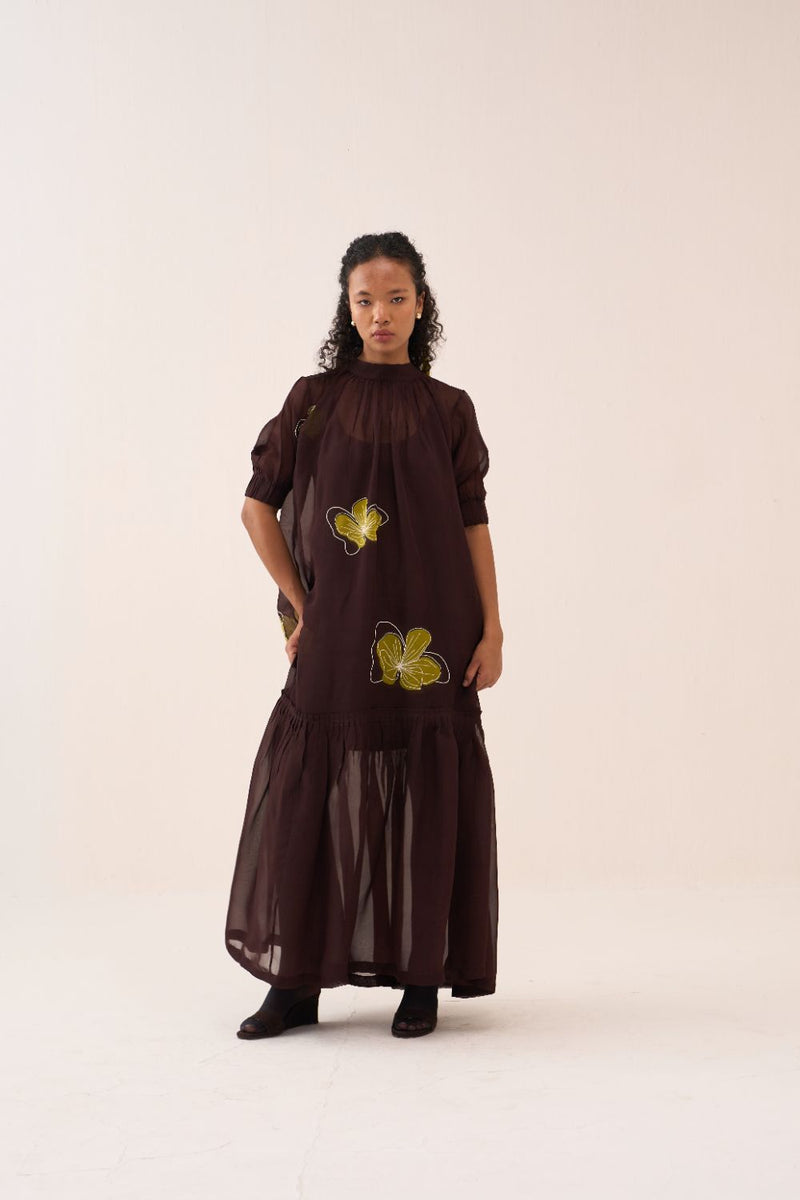 Floral Reverse Applique Bottom Frill Dress (Slip Included) poplin by THREE in brown color for women in Singapore