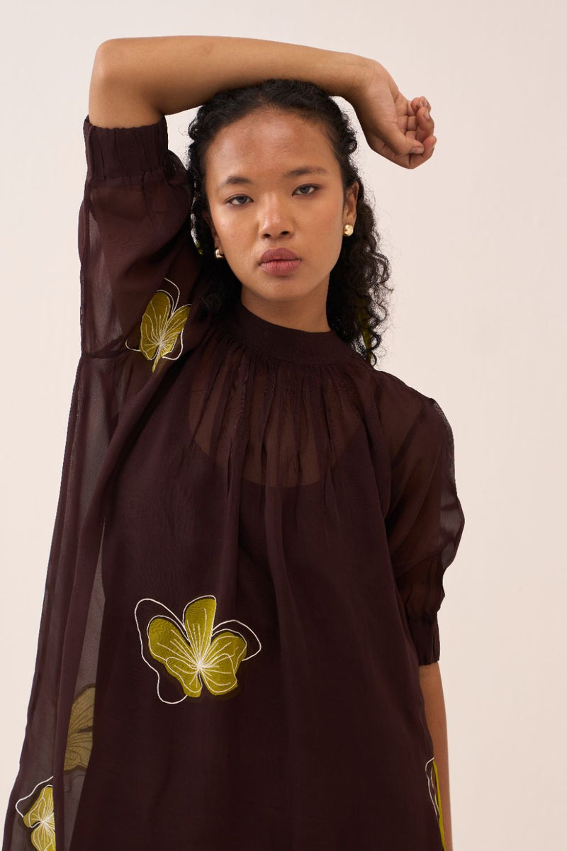 Floral Reverse Applique Bottom Frill Dress (Slip Included) poplin by THREE in brown color for women in Singapore