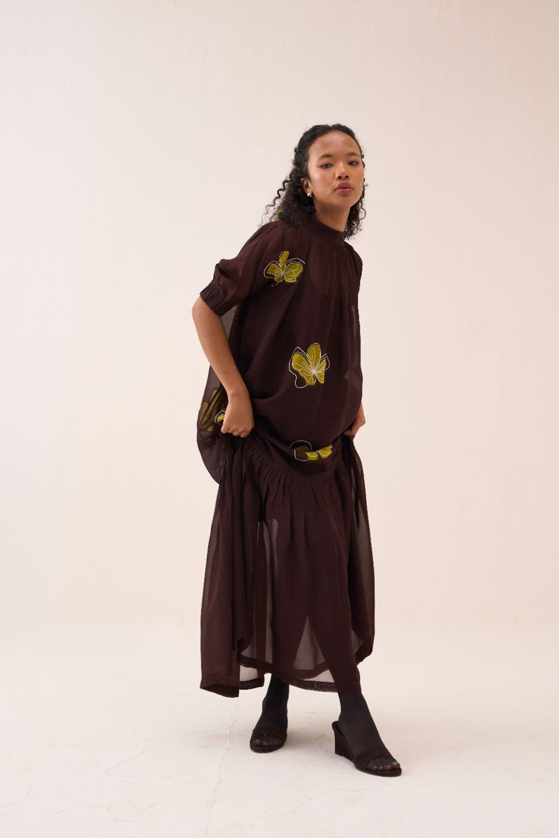 Floral Reverse Applique Bottom Frill Dress (Slip Included) poplin by THREE in brown color for women in Singapore