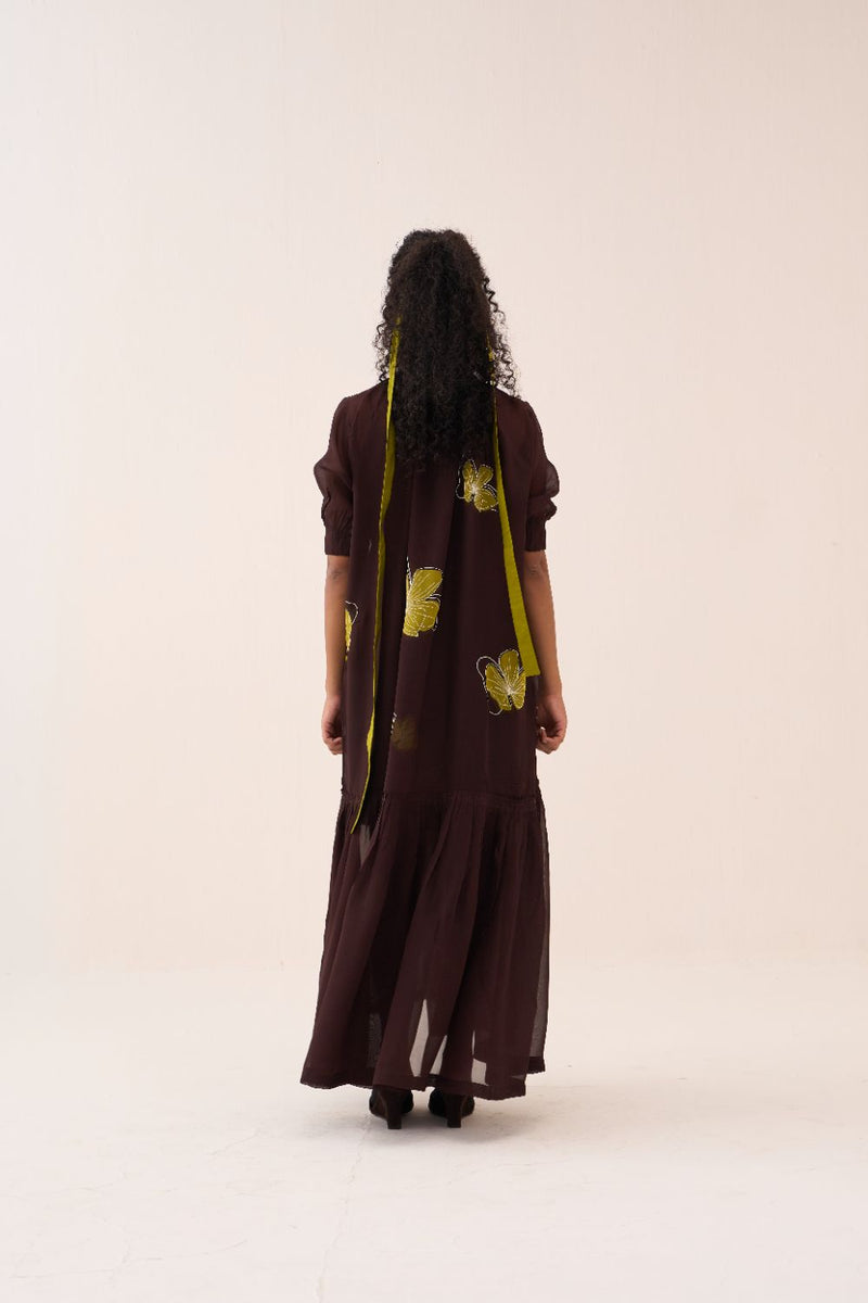 Floral Reverse Applique Bottom Frill Dress (Slip Included) poplin by THREE in brown color for women in Singapore