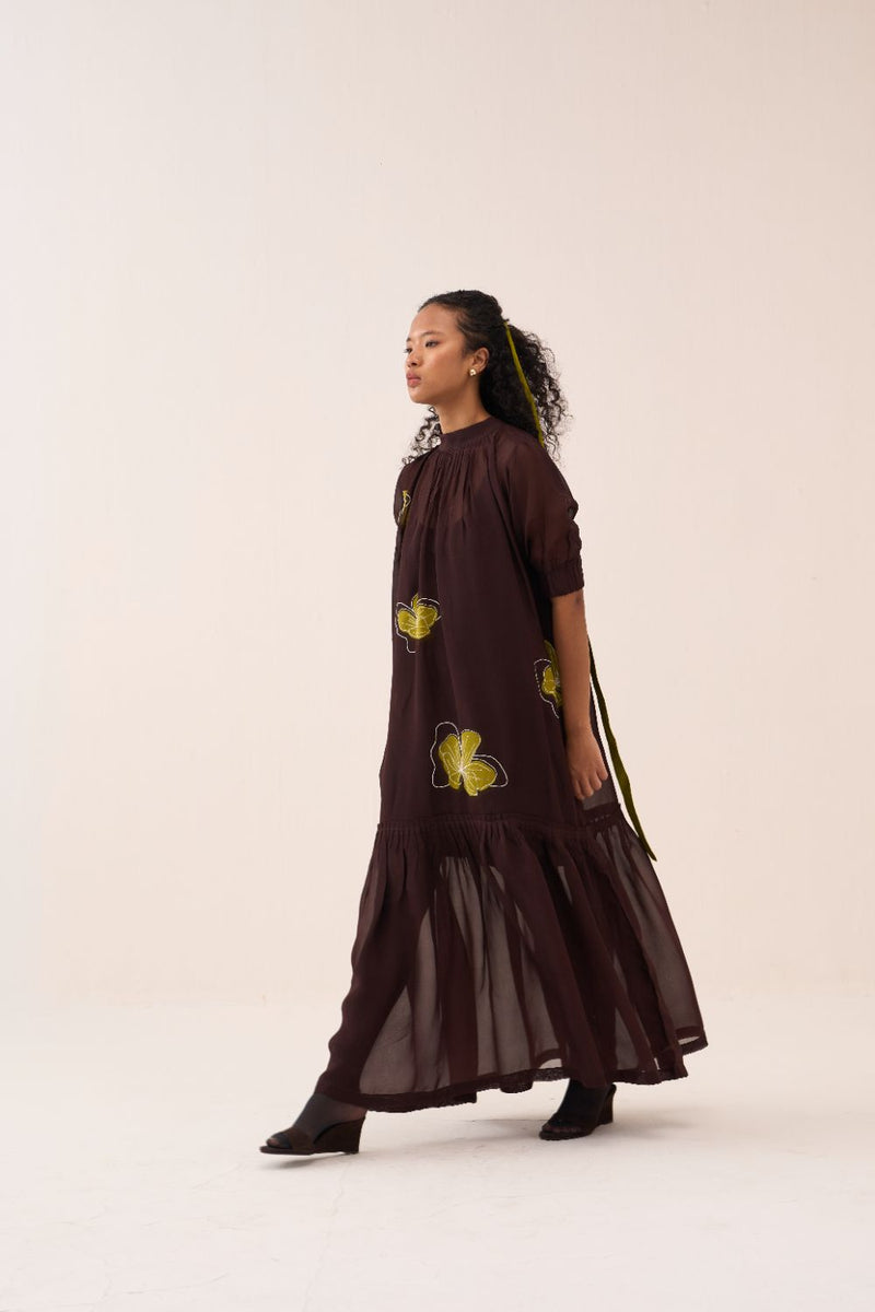 Floral Reverse Applique Bottom Frill Dress (Slip Included) poplin by THREE in brown color for women in Singapore
