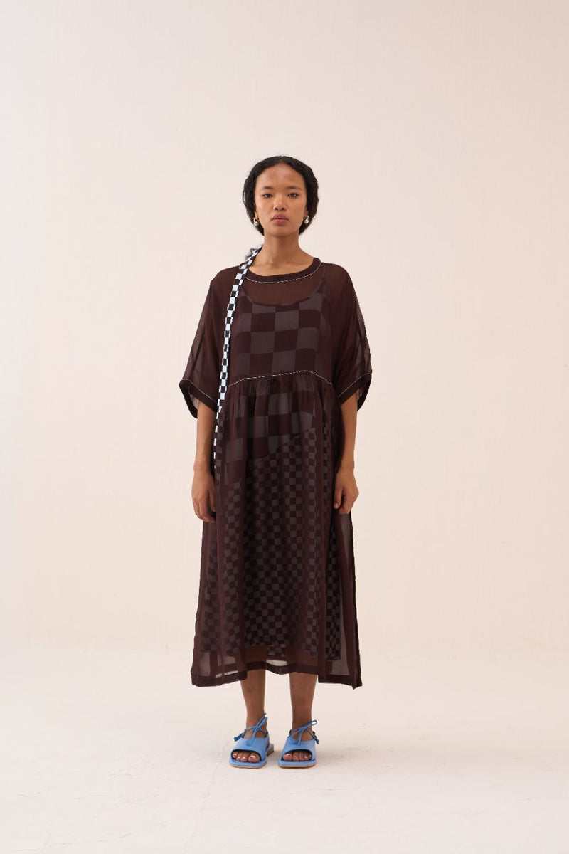 Yoke Gather Dress silk by THREE in brown color for women in Singapore