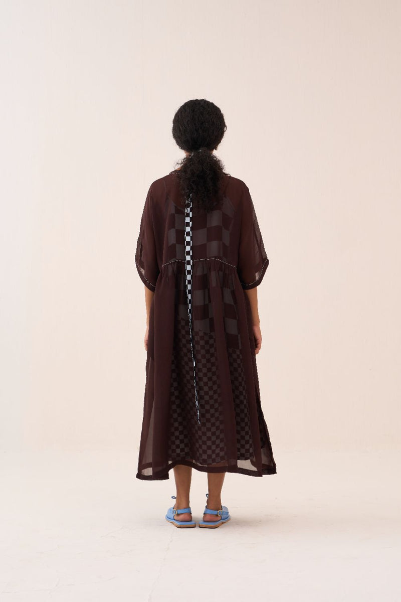 Yoke Gather Dress silk by THREE in brown color for women in Singapore