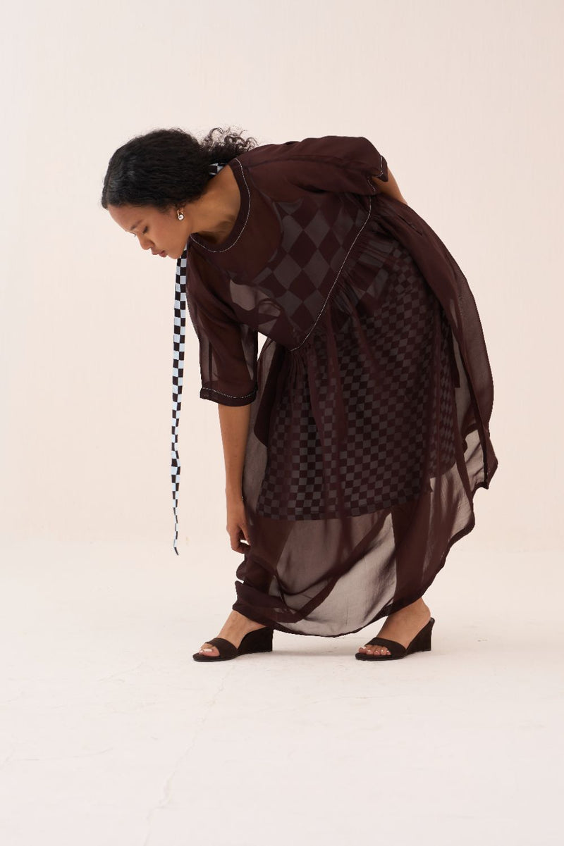 Yoke Gather Dress silk by THREE in brown color for women in Singapore