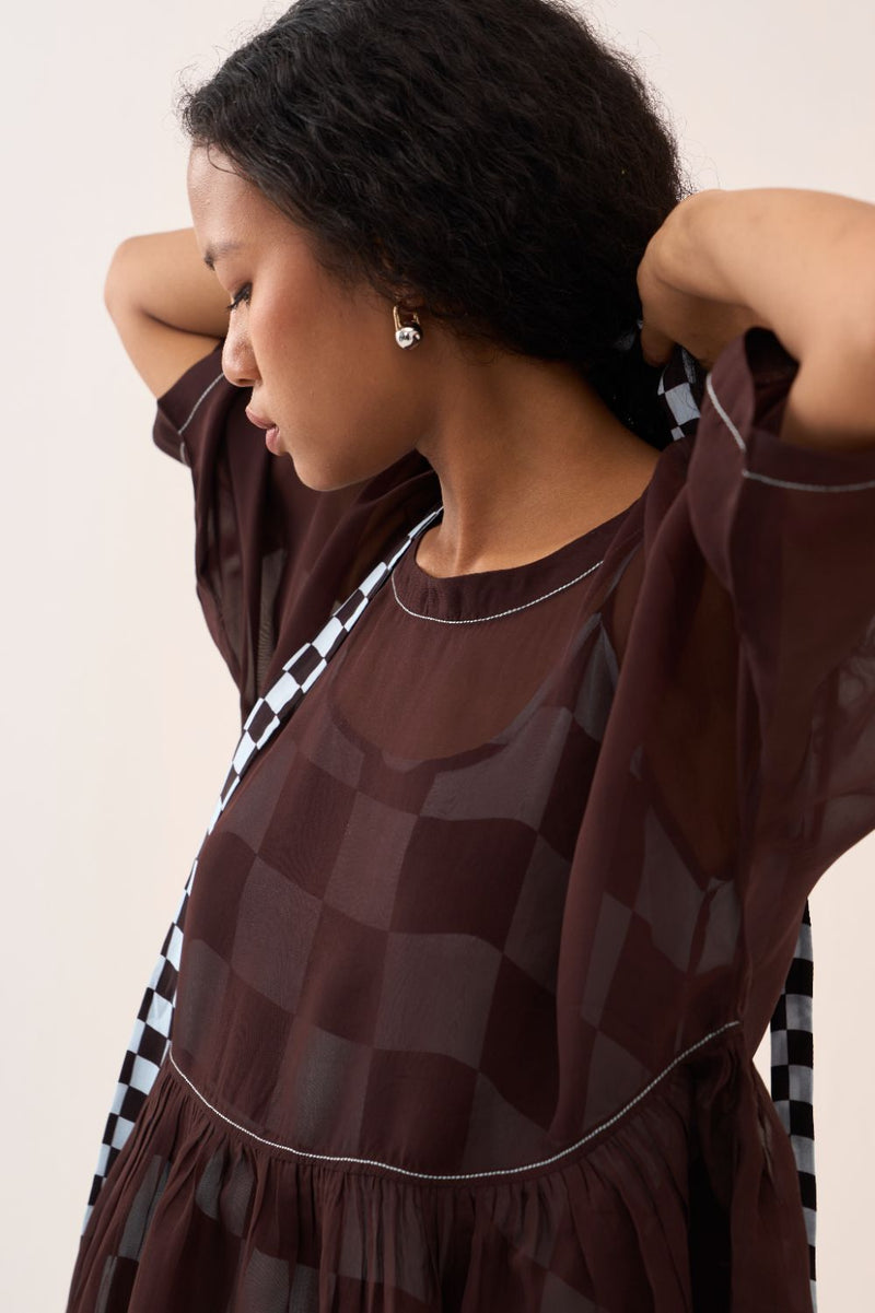 Yoke Gather Dress silk by THREE in brown color for women in Singapore