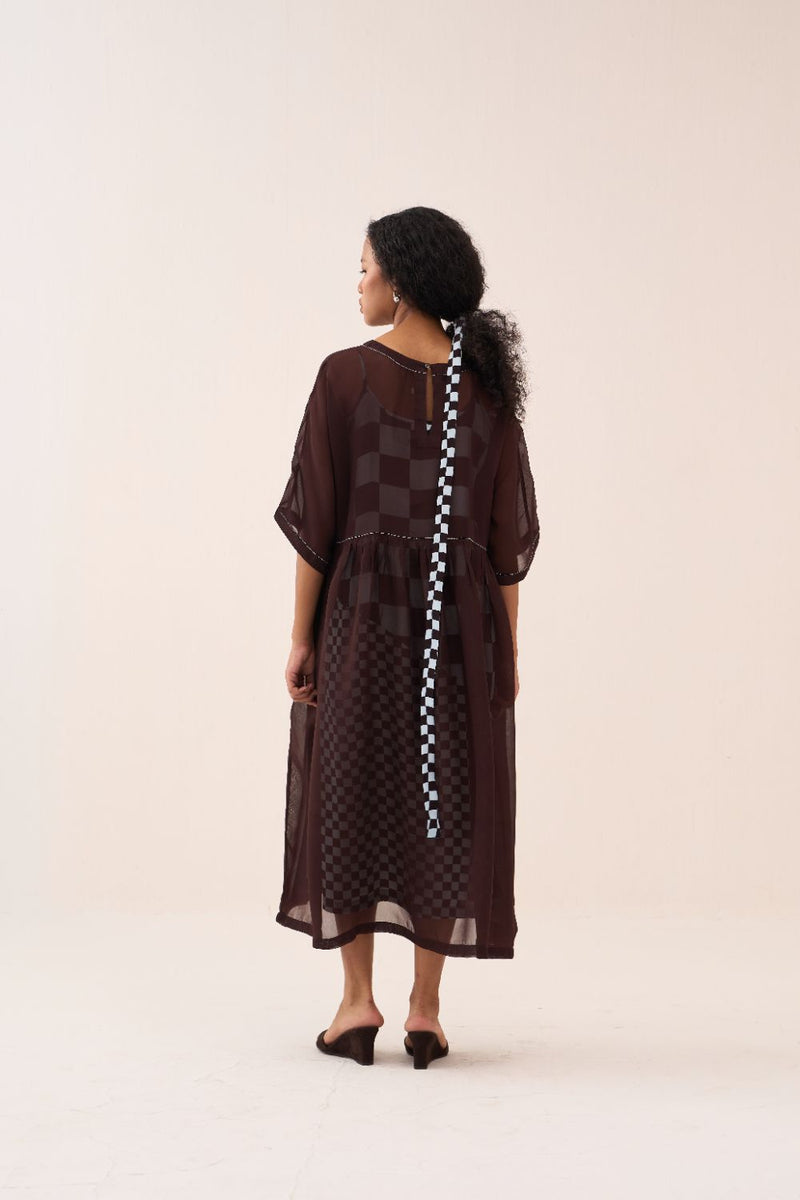 Yoke Gather Dress silk by THREE in brown color for women in Singapore
