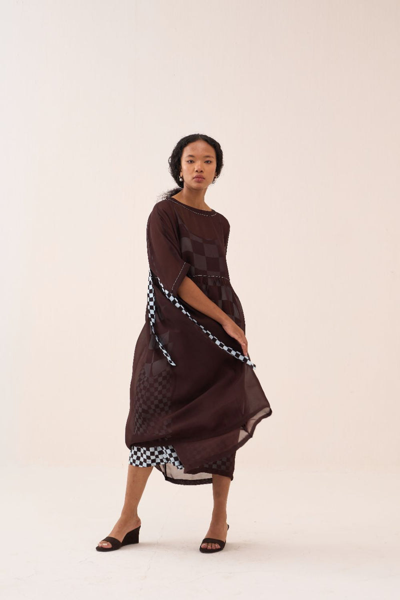 Yoke Gather Dress silk by THREE in brown color for women in Singapore