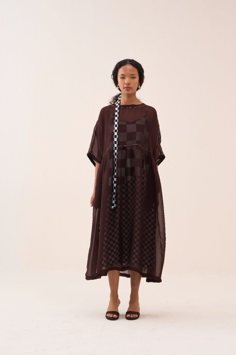 Yoke Gather Dress silk by THREE in brown color for women in Singapore