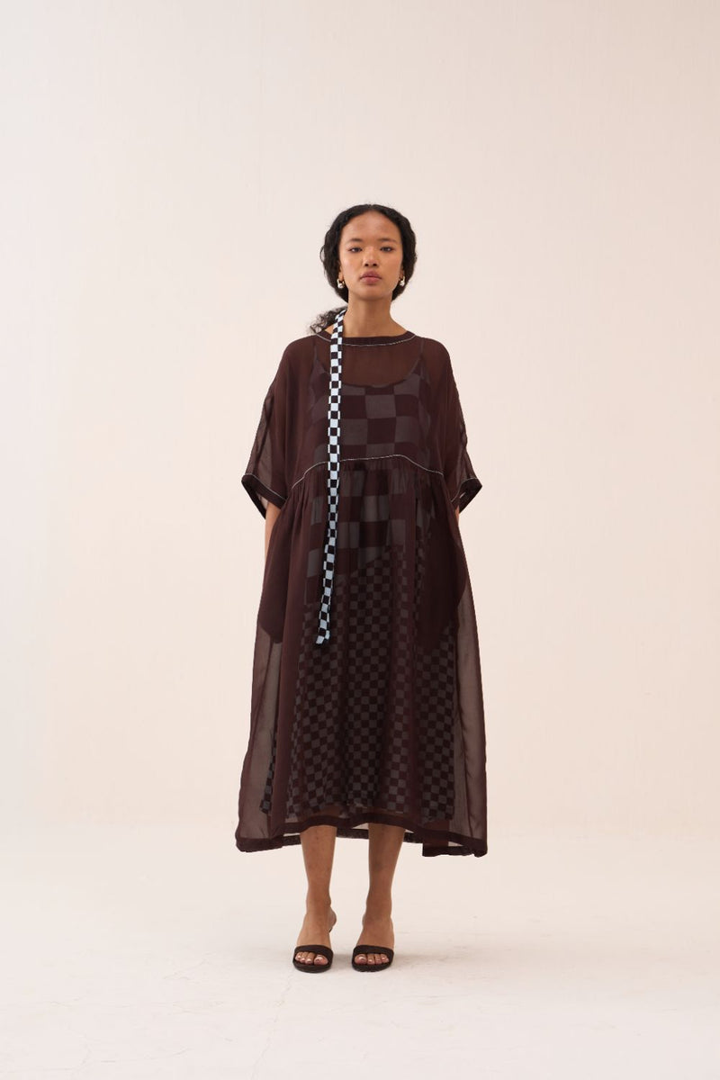 Yoke Gather Dress silk by THREE in brown color for women in Singapore