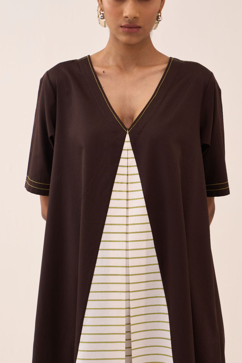 Front Pleat Stripe Panel Dress poplin by THREE in brown color for women in Singapore