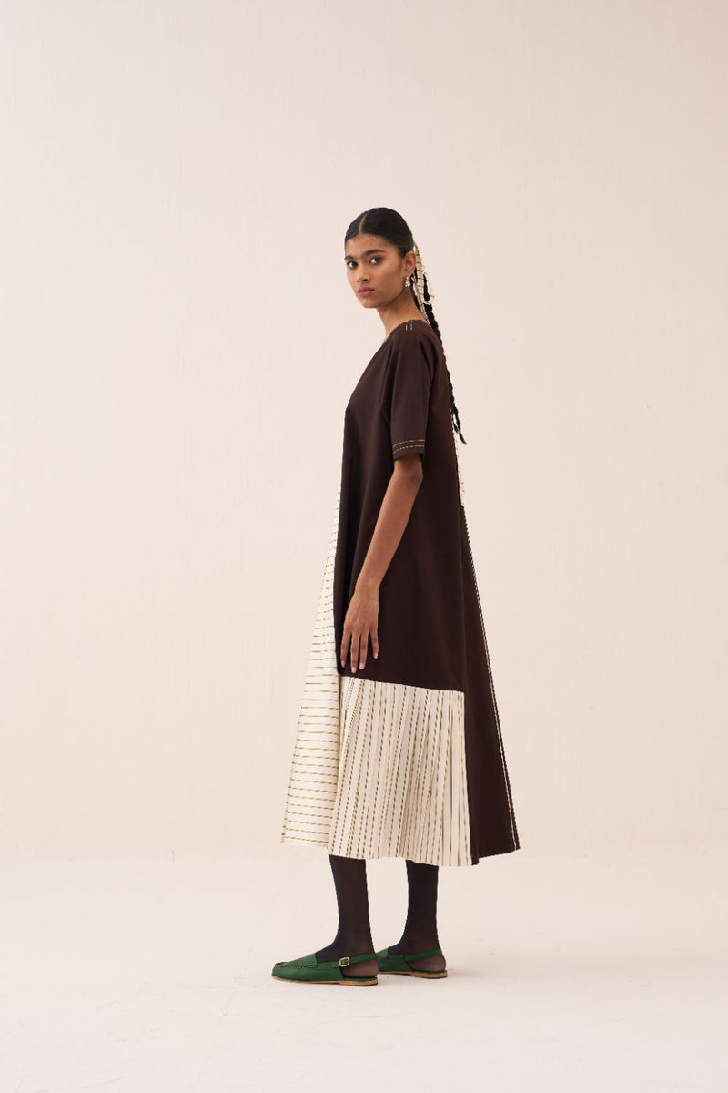 Front Pleat Stripe Panel Dress poplin by THREE in brown color for women in Singapore