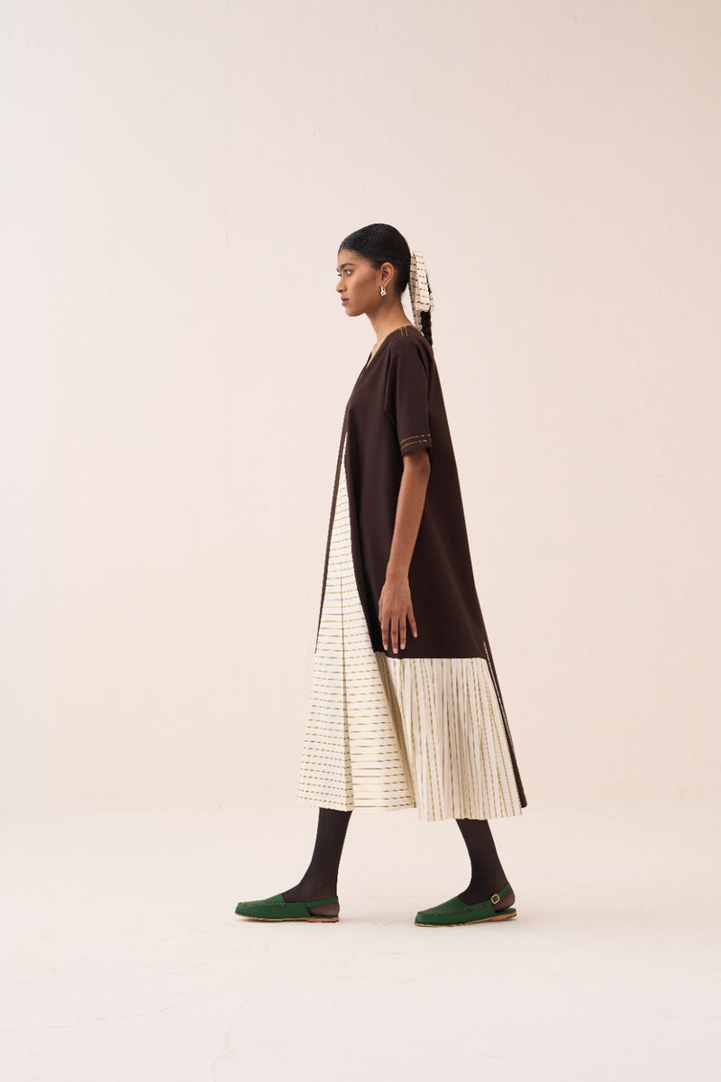 Front Pleat Stripe Panel Dress poplin by THREE in brown color for women in Singapore