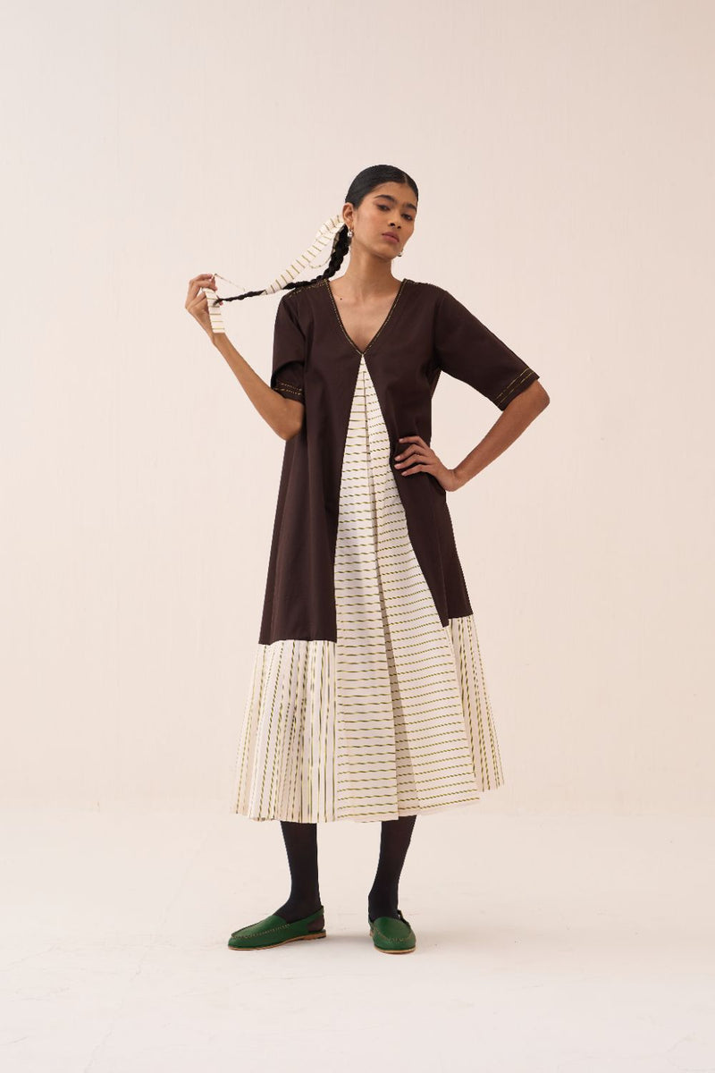 Front Pleat Stripe Panel Dress poplin by THREE in brown color for women in Singapore