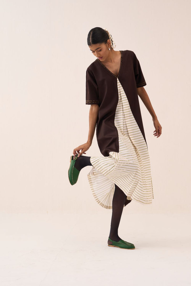 Front Pleat Stripe Panel Dress poplin by THREE in brown color for women in Singapore
