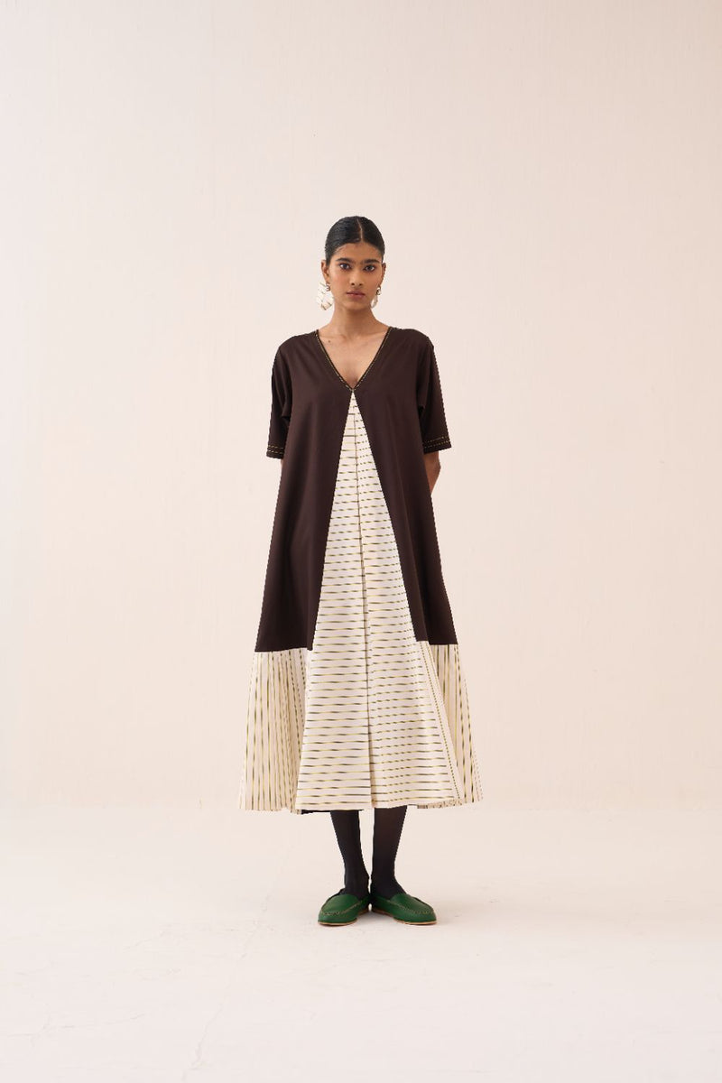 Front Pleat Stripe Panel Dress poplin by THREE in brown color for women in Singapore