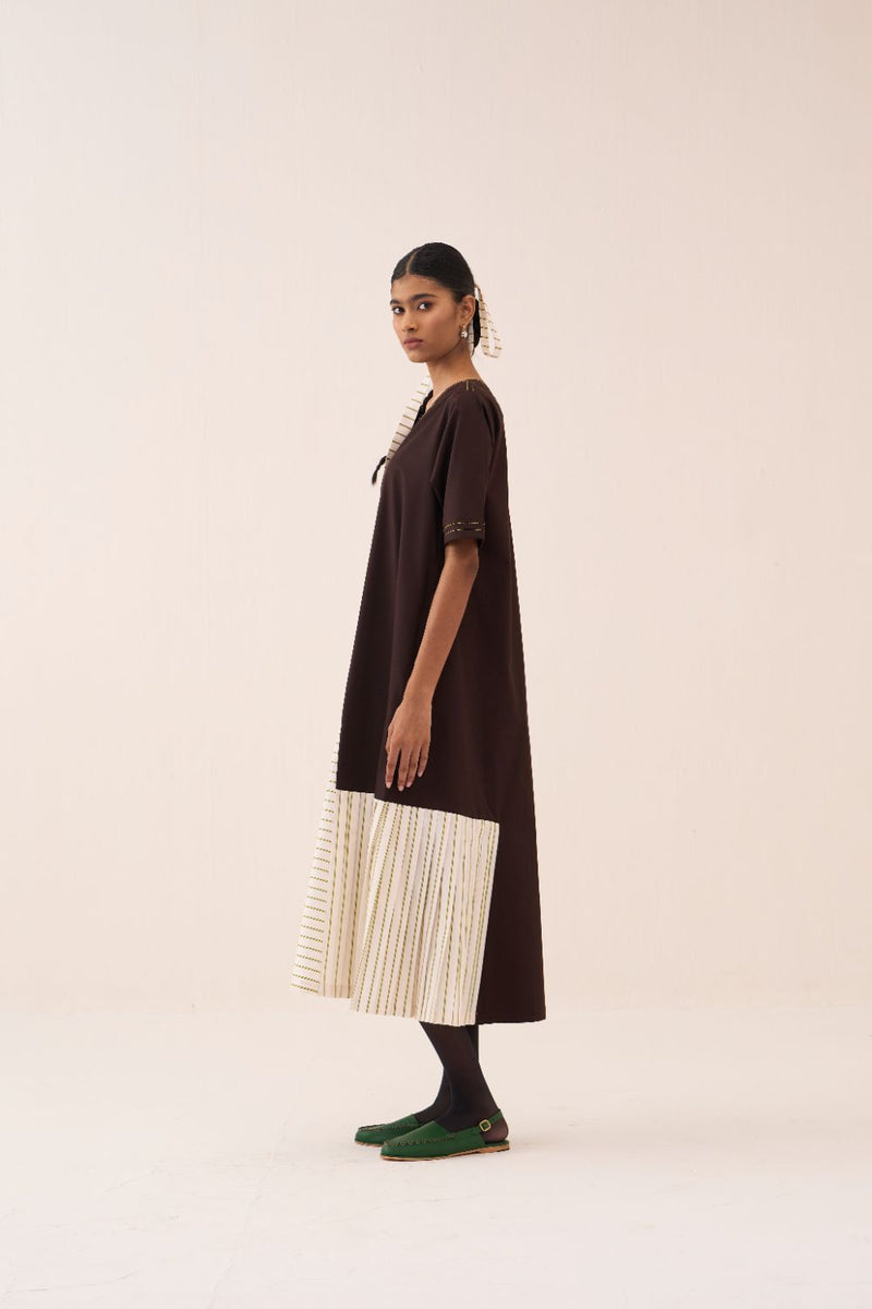 Front Pleat Stripe Panel Dress poplin by THREE in brown color for women in Singapore