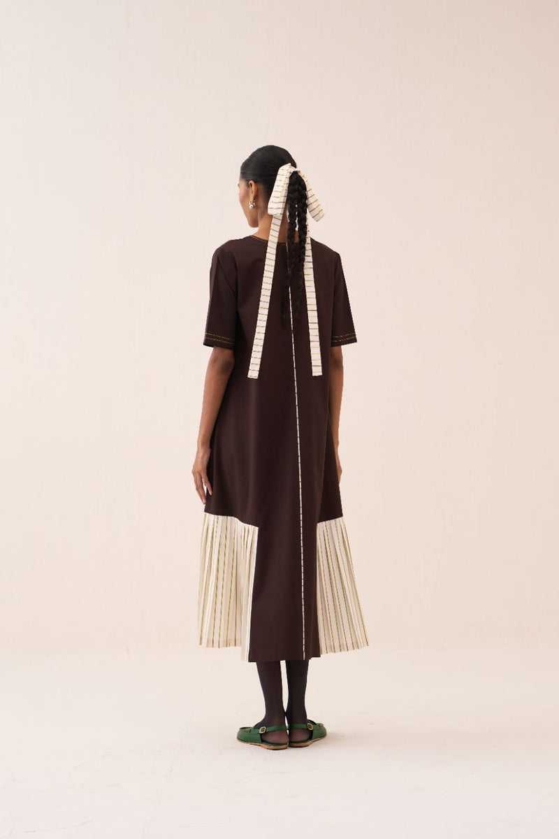 Front Pleat Stripe Panel Dress poplin by THREE in brown color for women in Singapore