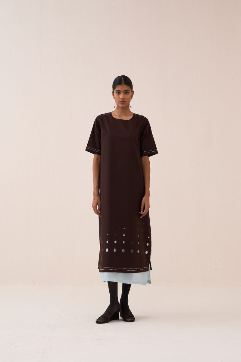 Cutout Double Layer Dress poplin by THREE in brown color for women in Singapore