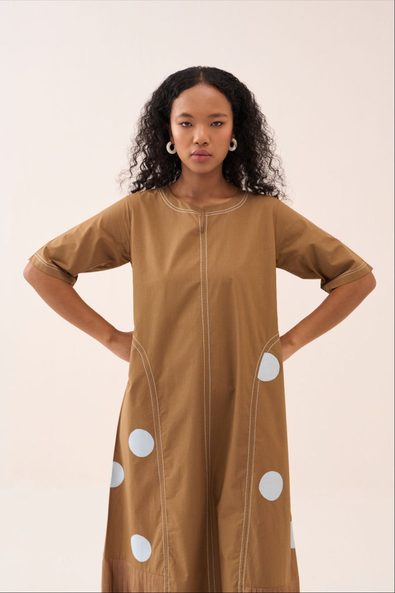 Side U-Pleat Polka Dress silk by THREE in sand color for women in Singapore