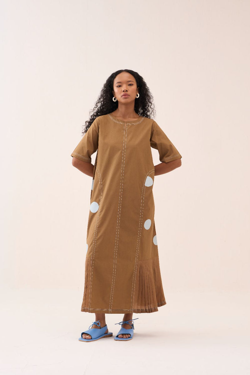 Side U-Pleat Polka Dress silk by THREE in sand color for women in Singapore