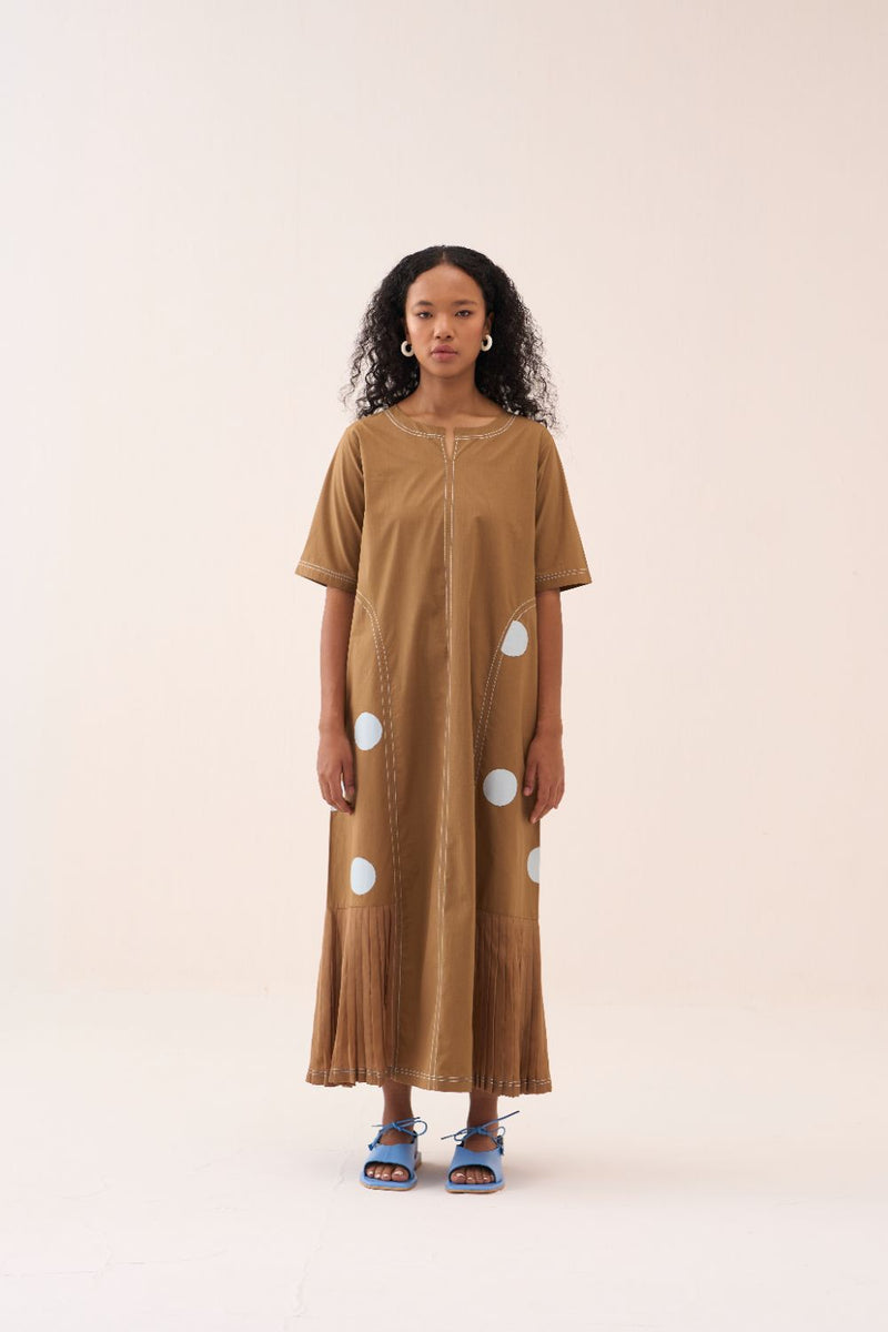 Side U-Pleat Polka Dress silk by THREE in sand color for women in Singapore