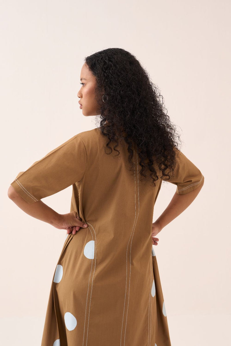 Side U-Pleat Polka Dress silk by THREE in sand color for women in Singapore