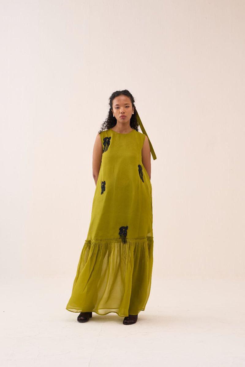 Beaded Sleeveless Bottom Frill Dress organza by THREE for women in Singapore