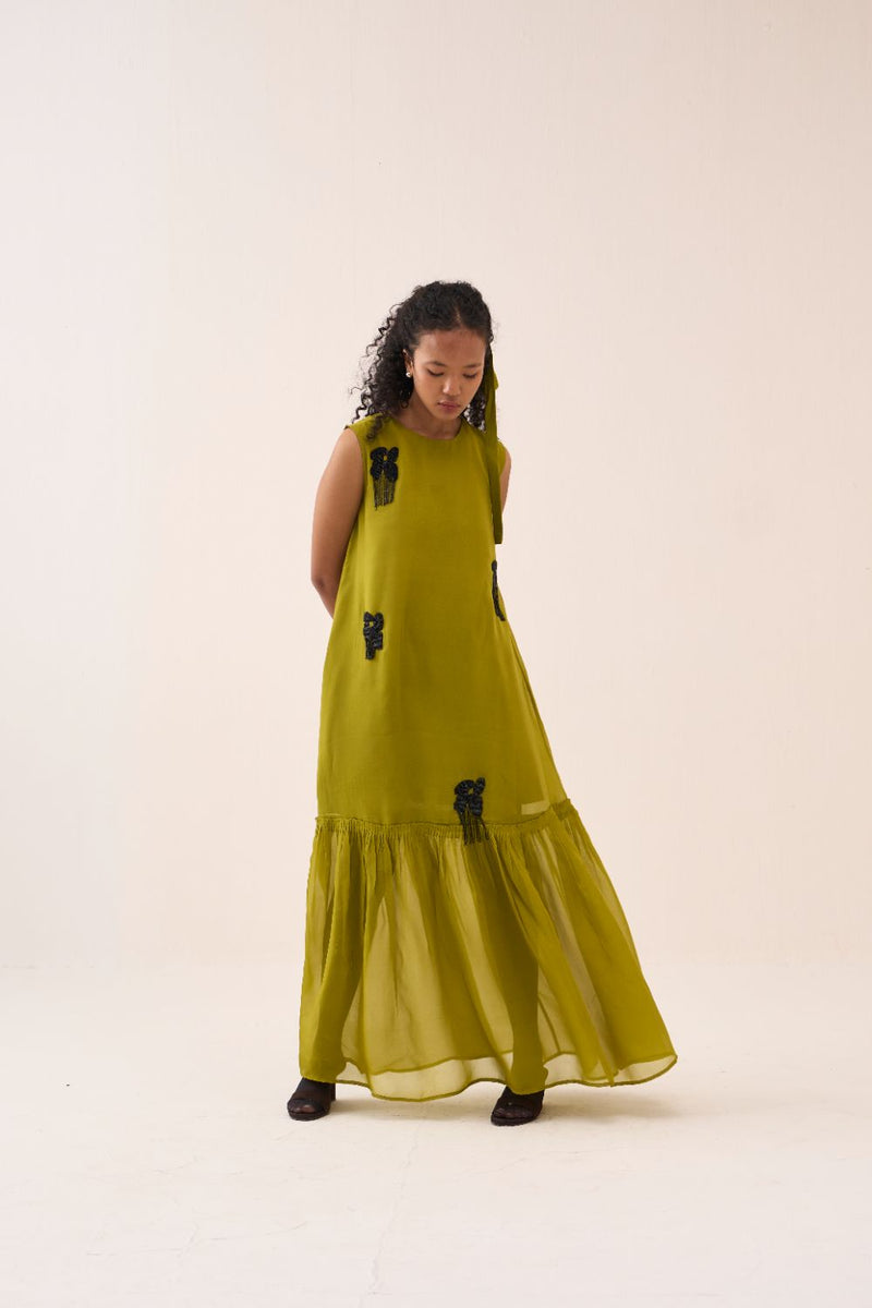 Beaded Sleeveless Bottom Frill Dress organza by THREE for women in Singapore