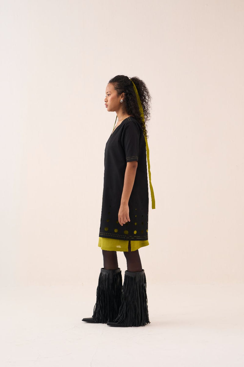 Short Double Layer Dress poplin by THREE in black color for women in Singapore