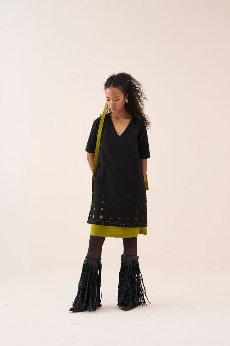 Short Double Layer Dress poplin by THREE in black color for women in Singapore