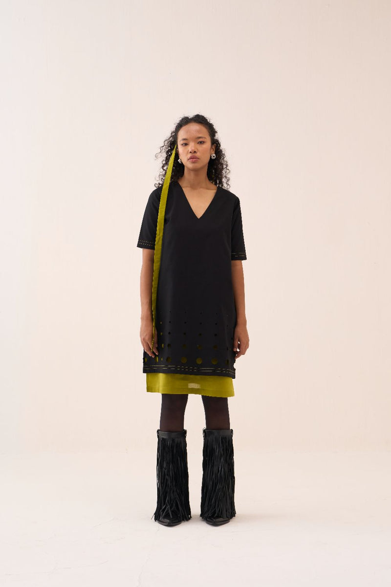 Short Double Layer Dress poplin by THREE in black color for women in Singapore