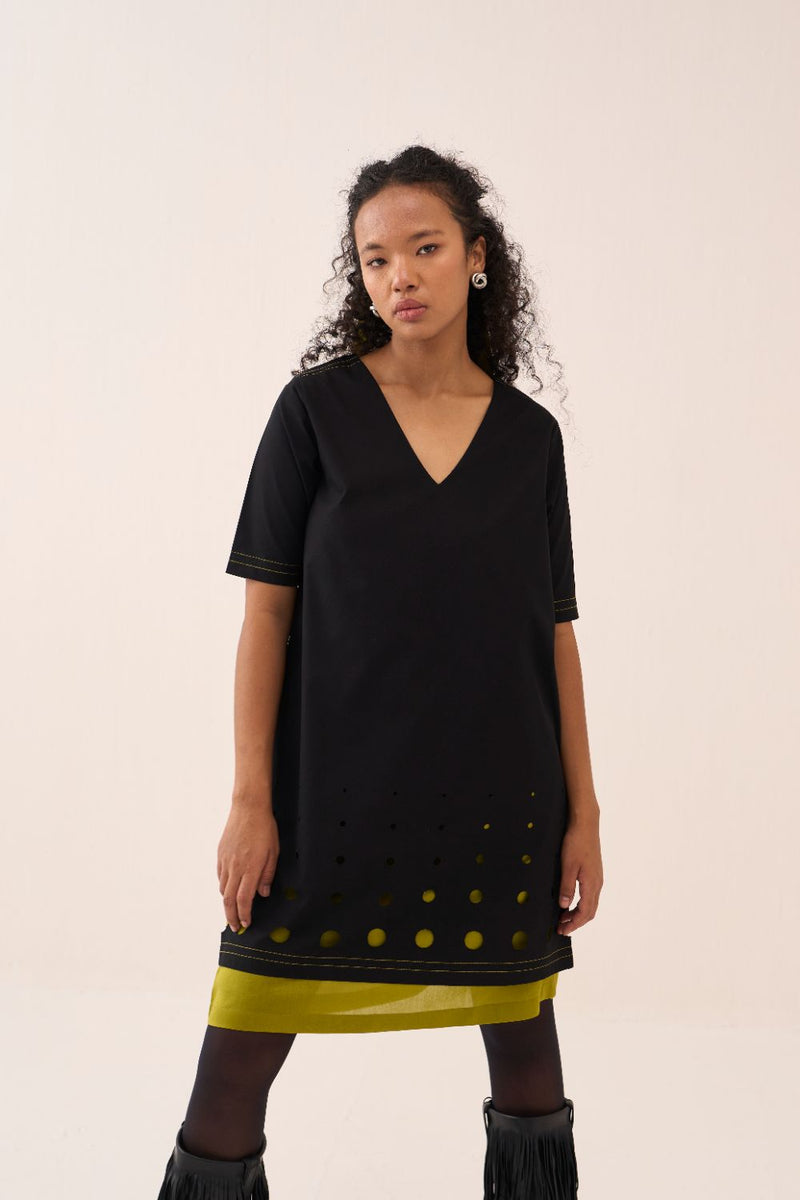 Short Double Layer Dress poplin by THREE in black color for women in Singapore